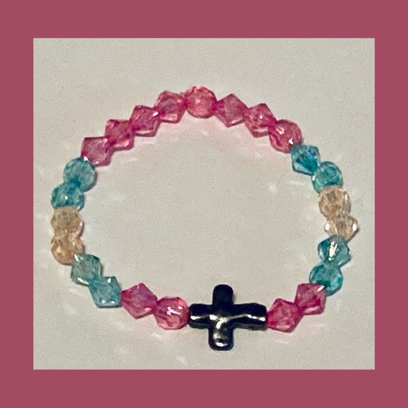 Handmade Pink and Blue Bicone and Round Bead Bracelet W/ Metallic Metal Cross - Picture 2 of 3